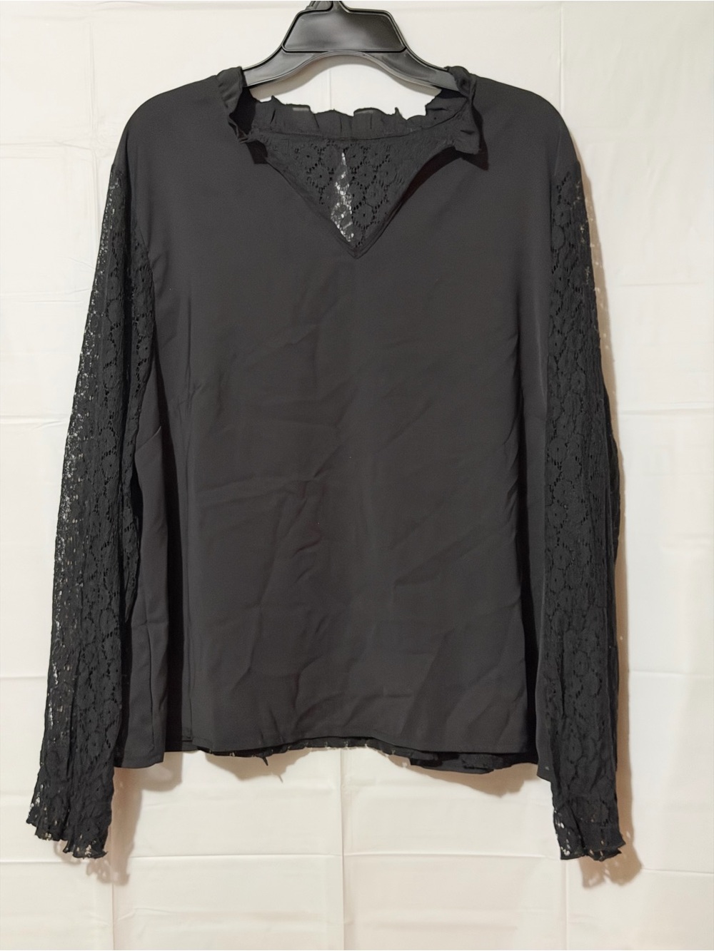 SHEIN Black Lace-Sleeve V-Neck Blouse
